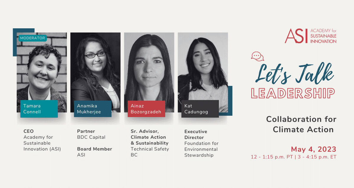 Promotional image for the "Let's Talk Leadership: Collaboration for Climate Action" event featuring four speakers from various organizations. Join us on May 4th, 2023, from 12 - 1:15 p.m. PT / 3 - 4:15 p.m. ET, organized by the Academy for Sustainable Innovation (ASI).