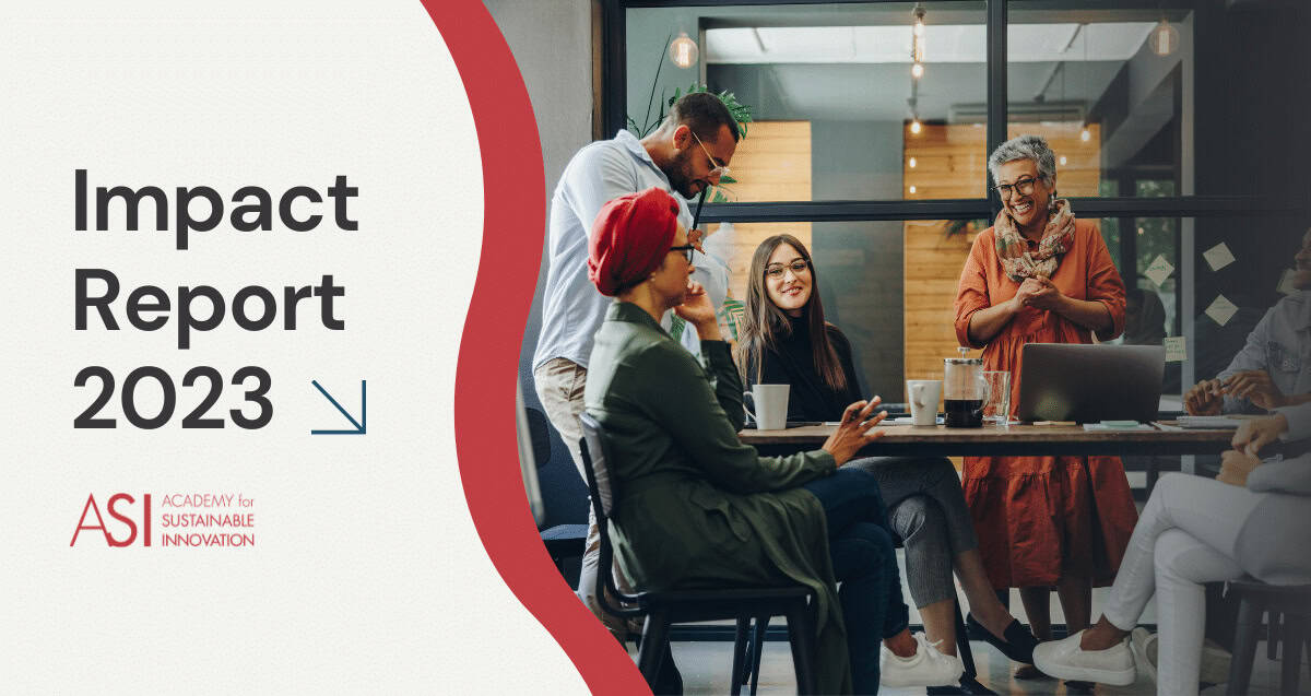 A diverse group of professionals smiling and conversing around a table with laptops and notebooks. Text on the left reads "ASI Impact Report 2023" with a logo for the Academy for Sustainable Innovation. A diagonal red and white design creates a partition between the text and the image.