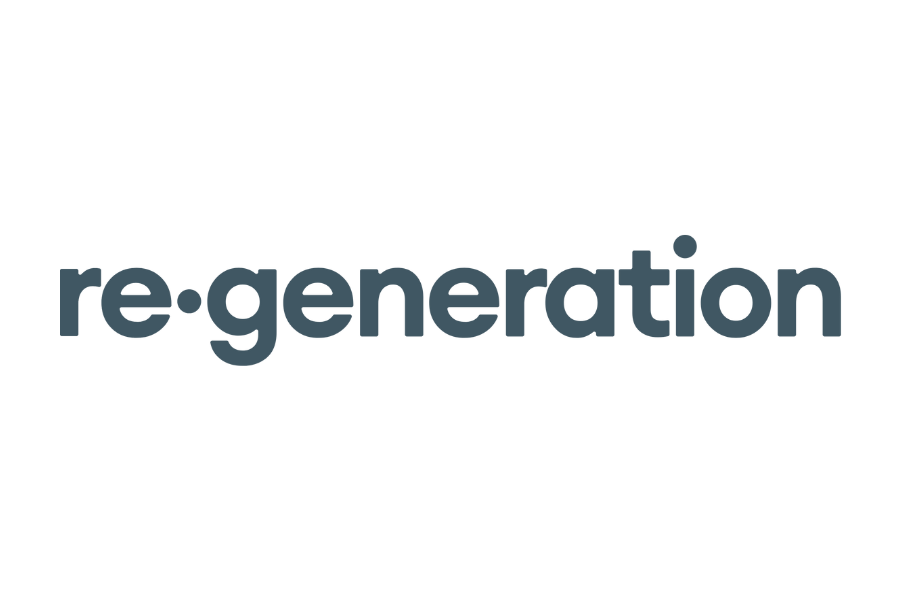 The image showcases "re-generation" in sophisticated, lowercase, sans-serif font. The dark grey letters are divided by a small dot, enhancing the sleek design. The transparent background ensures it fits seamlessly into various settings.