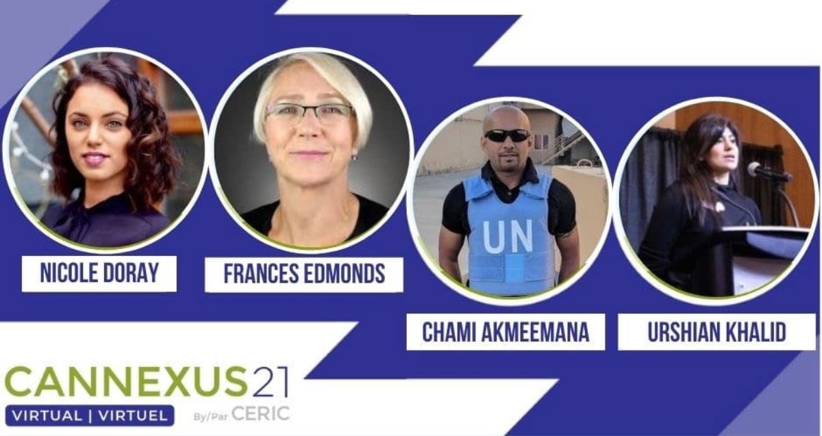 A promotional image for Cannexus21 Virtual conference by CERIC featuring four speakers: Nicole Doray, Frances Edmonds, Chami Akmeemana, and Urshian Khalid. Each speaker's photo is displayed within circular frames above their names.