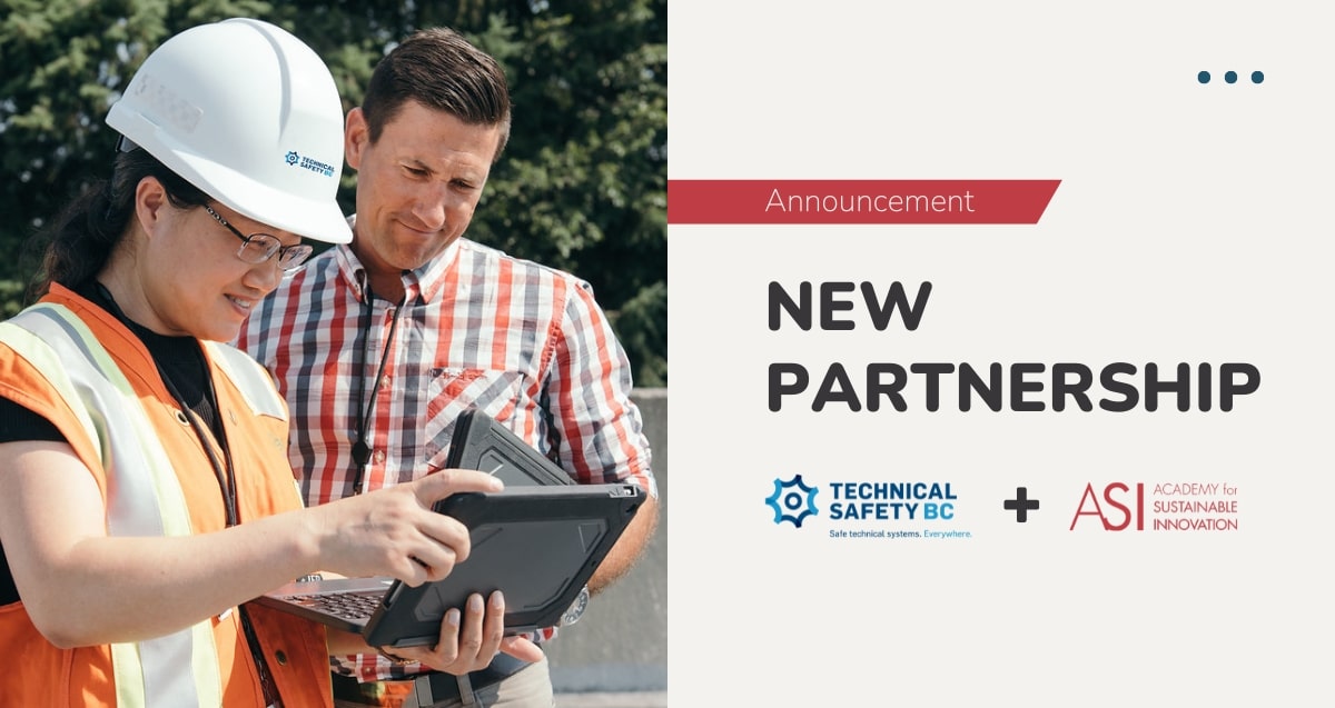 Two individuals, one wearing a hard hat and safety vest, examine a laptop outdoors. Text on the right reads "Announcement: NEW PARTNERSHIP" with logos and names of "Technical Safety BC" and "Academy for Sustainable Innovation." This collaboration emphasizes climate action to promote safety in innovative ways.