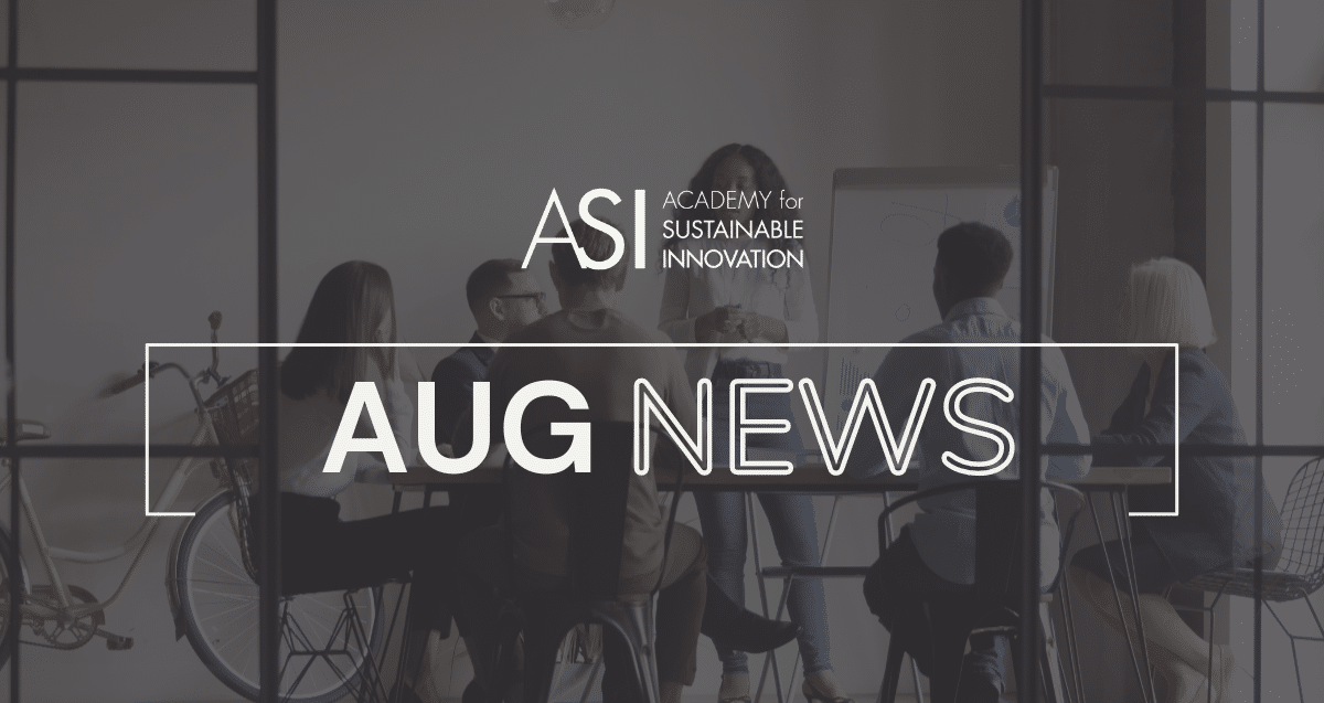 A group of people sit around a table in a well-lit office space, engaged in discussion. The text "ASI Academy for Sustainable Innovation August 2024 Newsletter" is overlaid on the image. A bicycle is visible in the background, adding a casual touch to the office setting.