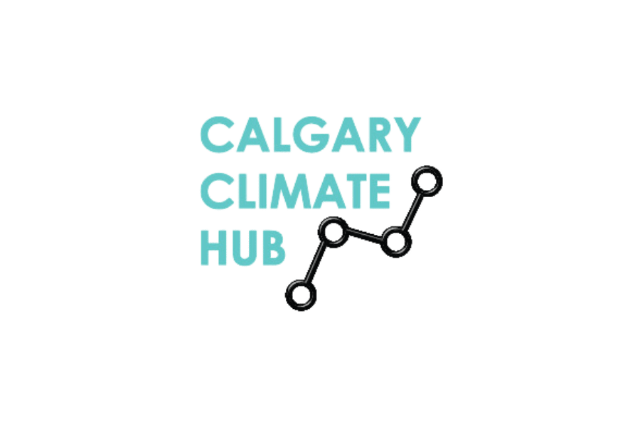 Logo of the Calgary Climate Hub in teal text, featuring a stylized black graph line connecting three dots.