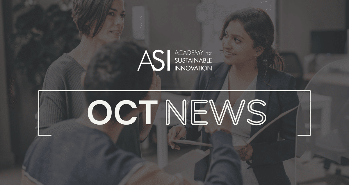 Three people engaged in a discussion in an office setting. The text overlay reads "ASI Academy for Sustainable Innovation" and "OCT News." Stay informed with the latest updates by subscribing to the ASI Newsletter, arriving October 2024.