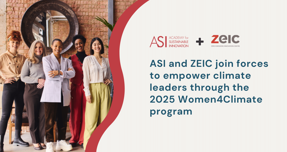 A diverse group of women stand together, smiling. Text reads: "ASI and ZEIC empower climate leaders through the Women4Climate program." Logos of ASI and ZEIC are displayed.