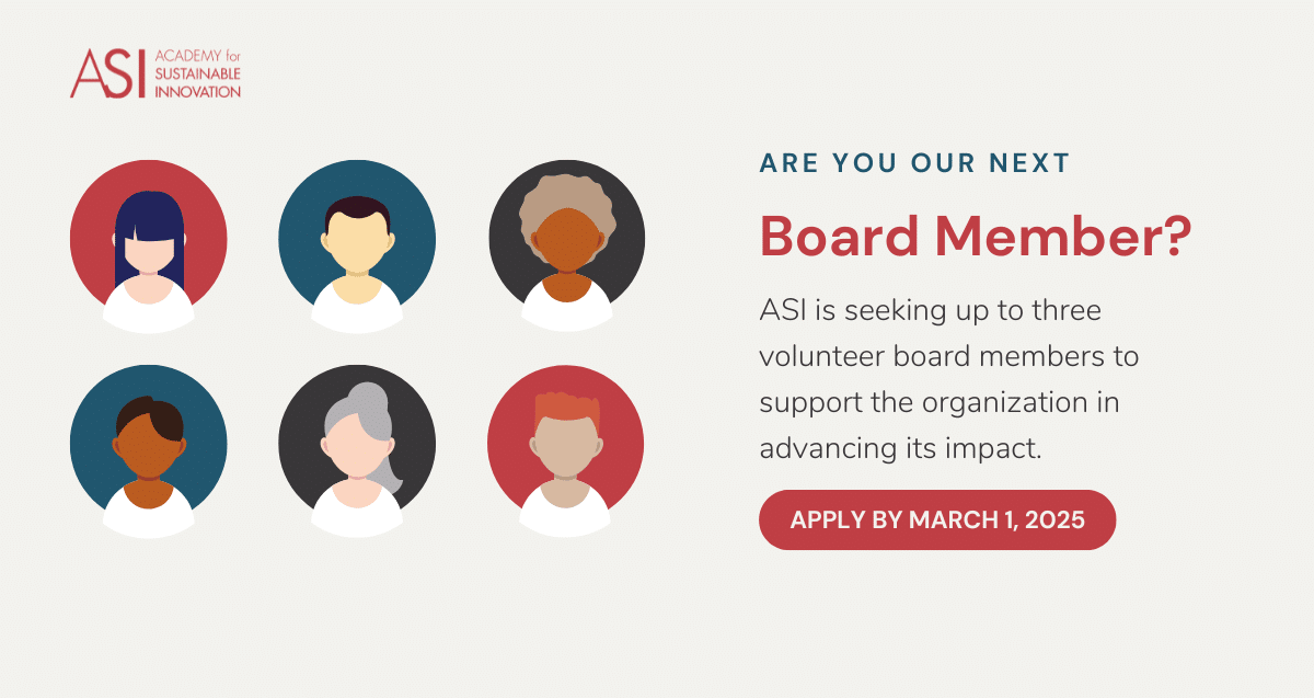 Illustration of diverse people icons with the text: "Are you our next Board Member?" ASI is on the lookout for up to three passionate volunteer board members. Apply by March 1, 2025, to support and guide our organization.