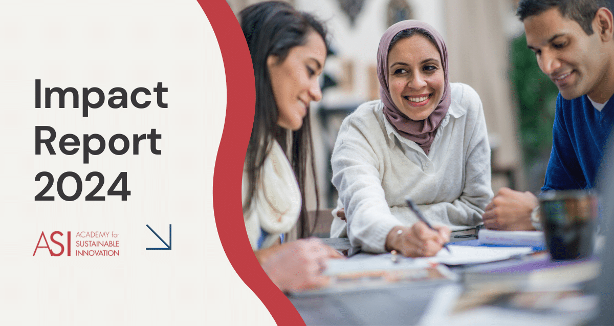 Three people are seated together at a table, smiling as they review documents. On the left, the text "2024 Impact Report" appears alongside ASI's logo for the Academy for Sustainable Innovation.