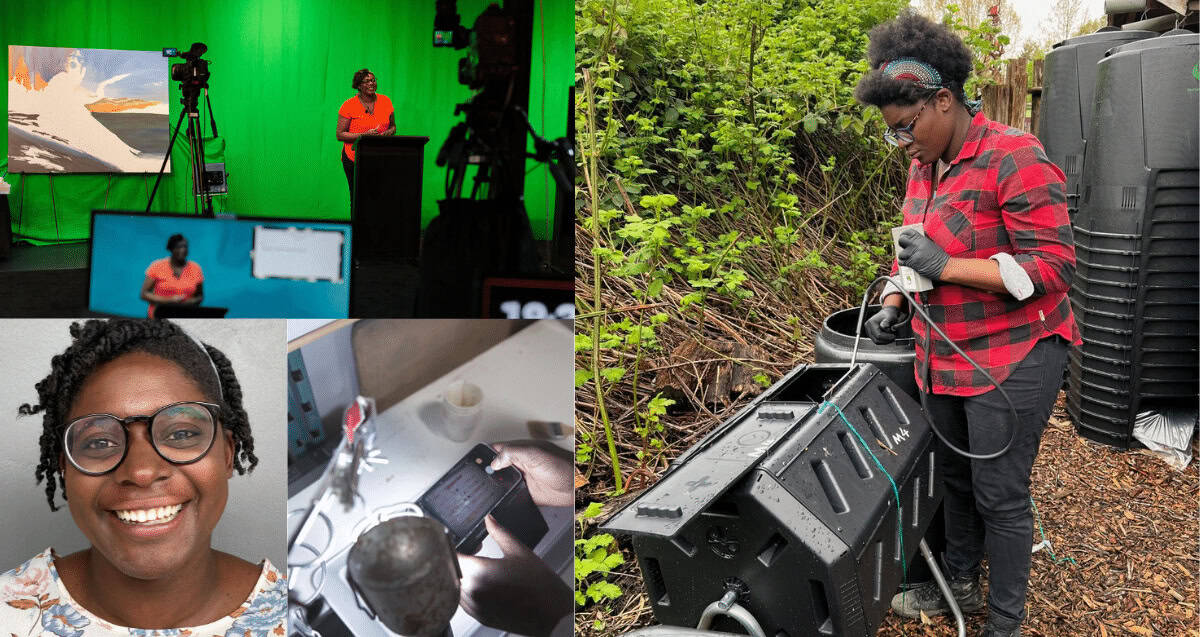 Collage of four images: Dr. Love-Ese Chile on a green screen set, a smiling person with glasses, someone photographing a jar on a table, and the BC Agricultural Climate Action Research Network Manager in a red plaid shirt working with a composting machine outdoors.