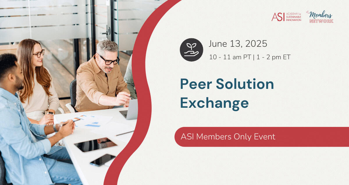 Three people are seated at a conference table, engaged in lively discussion with laptops. Text on the right reads: "June 13, 2025, 10-11 am PT | 1-2 pm ET, Peer Solution Exchange: An exclusive ASI Members Network event.
