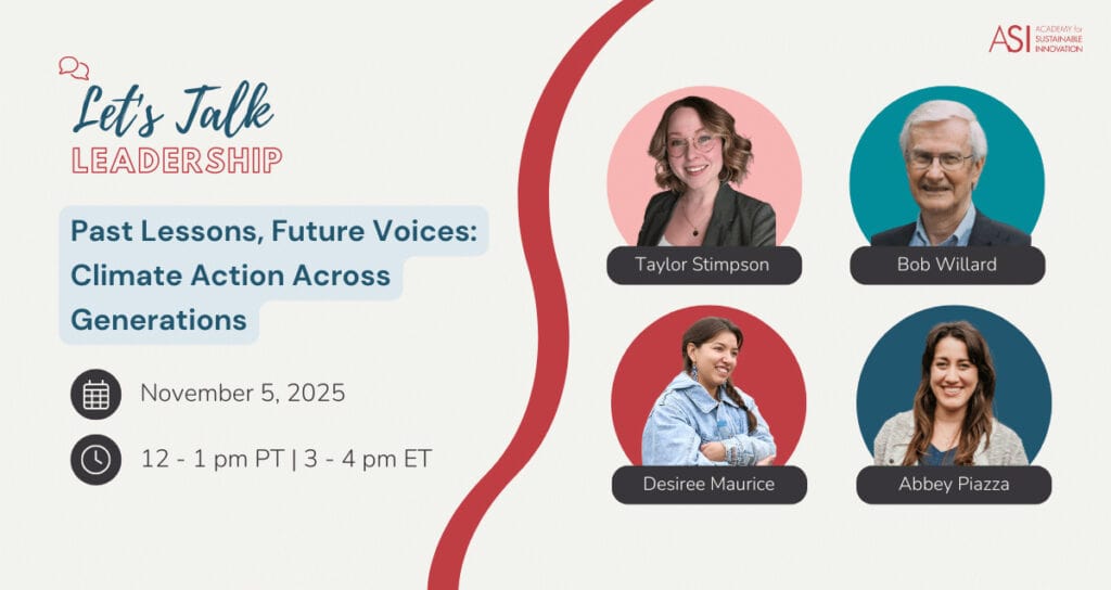 Virtual event flyer for "Let's Talk Leadership: Past Lessons, Future Voices—Climate Action Across Generations," featuring photos of four speakers. Join us November 5, 2025, from 12-1 pm PT / 3-4 pm ET.