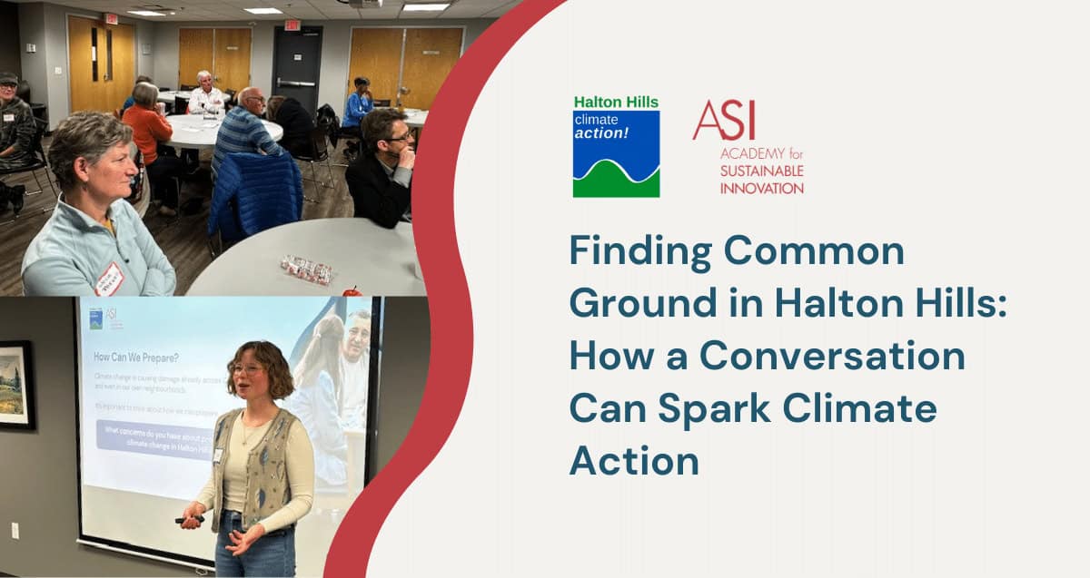 A collage shows people in a meeting room, a presenter beside a projected slide, and logos for Halton Hills Climate Action and ASI. Text reads: "Finding Common Ground in Halton Hills: How a Conversation Can Spark Climate Action.