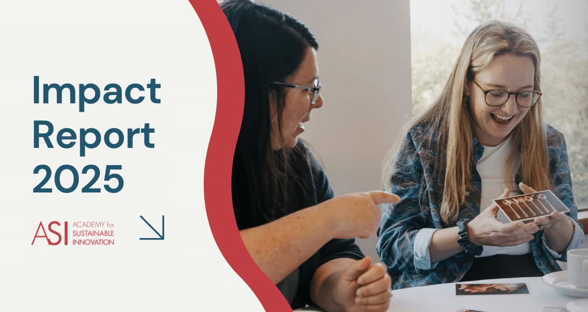 Two women sit at a table laughing and looking at photographs. The text on the left reads "Impact Report 2025" and "ASI Academy for Sustainable Innovation" with a blue arrow pointing right.