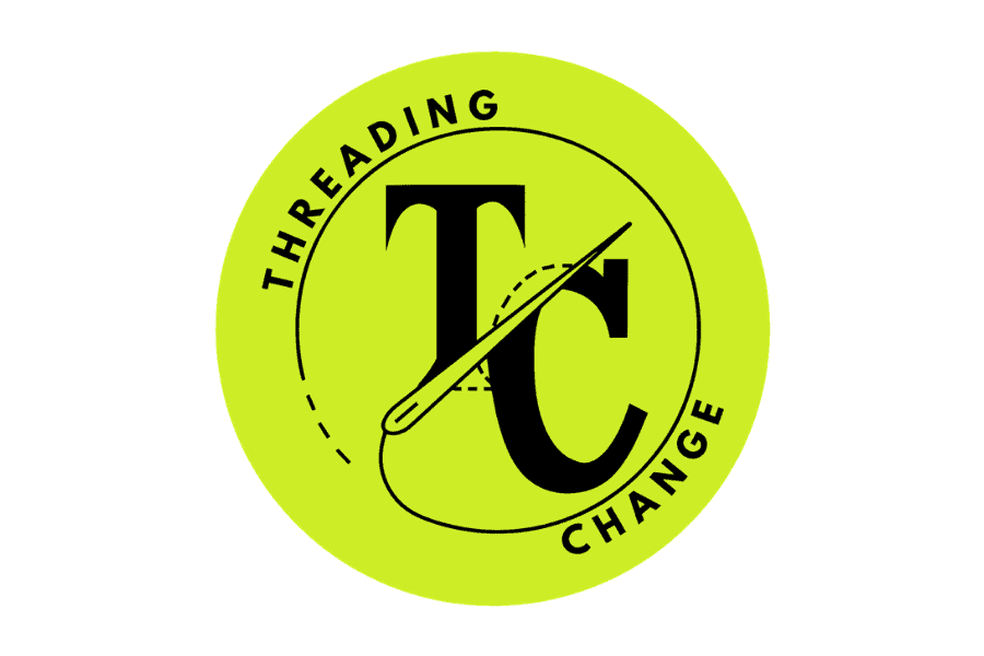 A bright yellow-green circular logo features the large black letters "TC," intersected by a needle and thread, symbolizing Threading. The words "THREADING CHANGE" curve around the top left and bottom right edges, reflecting hair removal innovation.
