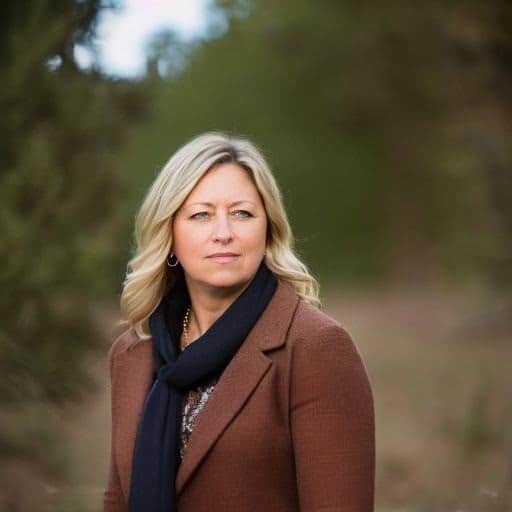 A woman with long blonde hair wearing a brown coat and black scarf stands outdoors, looking to the side with a neutral expression.