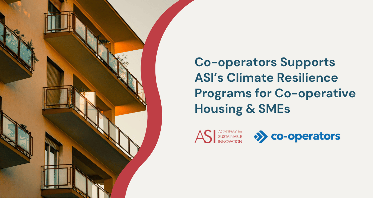 Yellow apartment building with balconies on the left; on the right, text reads “Co-operators Supports ASI’s climate resilience programs for co-operative housing & SMEs” with ASI and Co-operators logos.