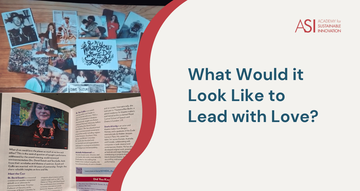 Split-screen image: left side shows a collage of black-and-white photos and a notebook with "What You Won’t Do For Love" written on it; right side asks, "What Would it Look Like to Lead with Love?" beside the Academy for Sustainable Innovation logo.